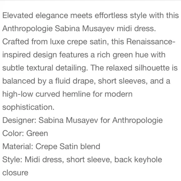 Anthropologie Sabina Musayev Renaissance Crepe Satin Midi Dress Sz XSP EUC 91 - Picture 4 of 12